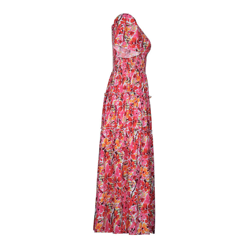 Off Shoulder Smocked Floral Slit Maxi Dress - Red - 7