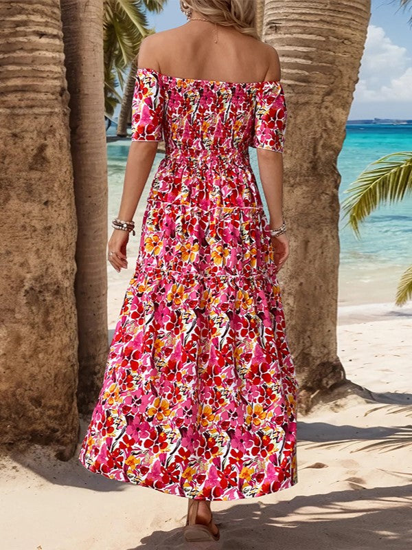 Off Shoulder Smocked Floral Slit Maxi Dress - Red - 8