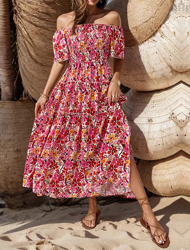 Off Shoulder Smocked Floral Slit Maxi Dress