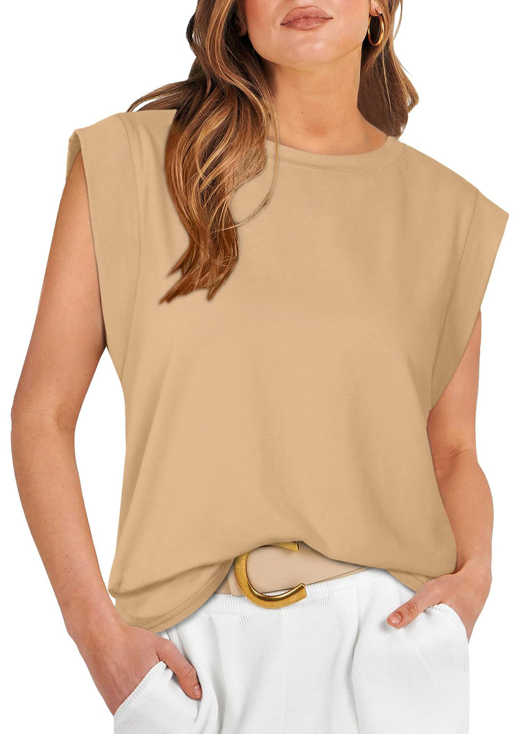 Cap Sleeve Round Neck Knit Tank Top - Beige - 1
