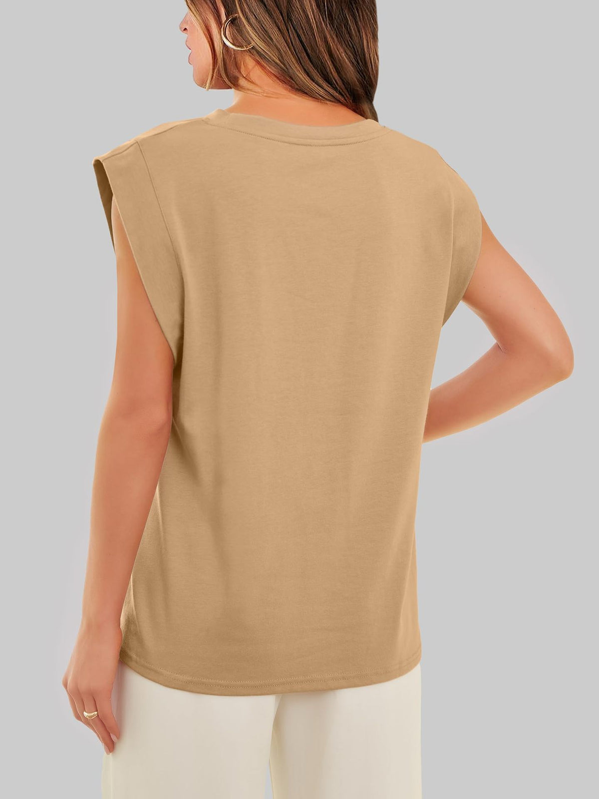 Cap Sleeve Round Neck Knit Tank Top - Beige - 2