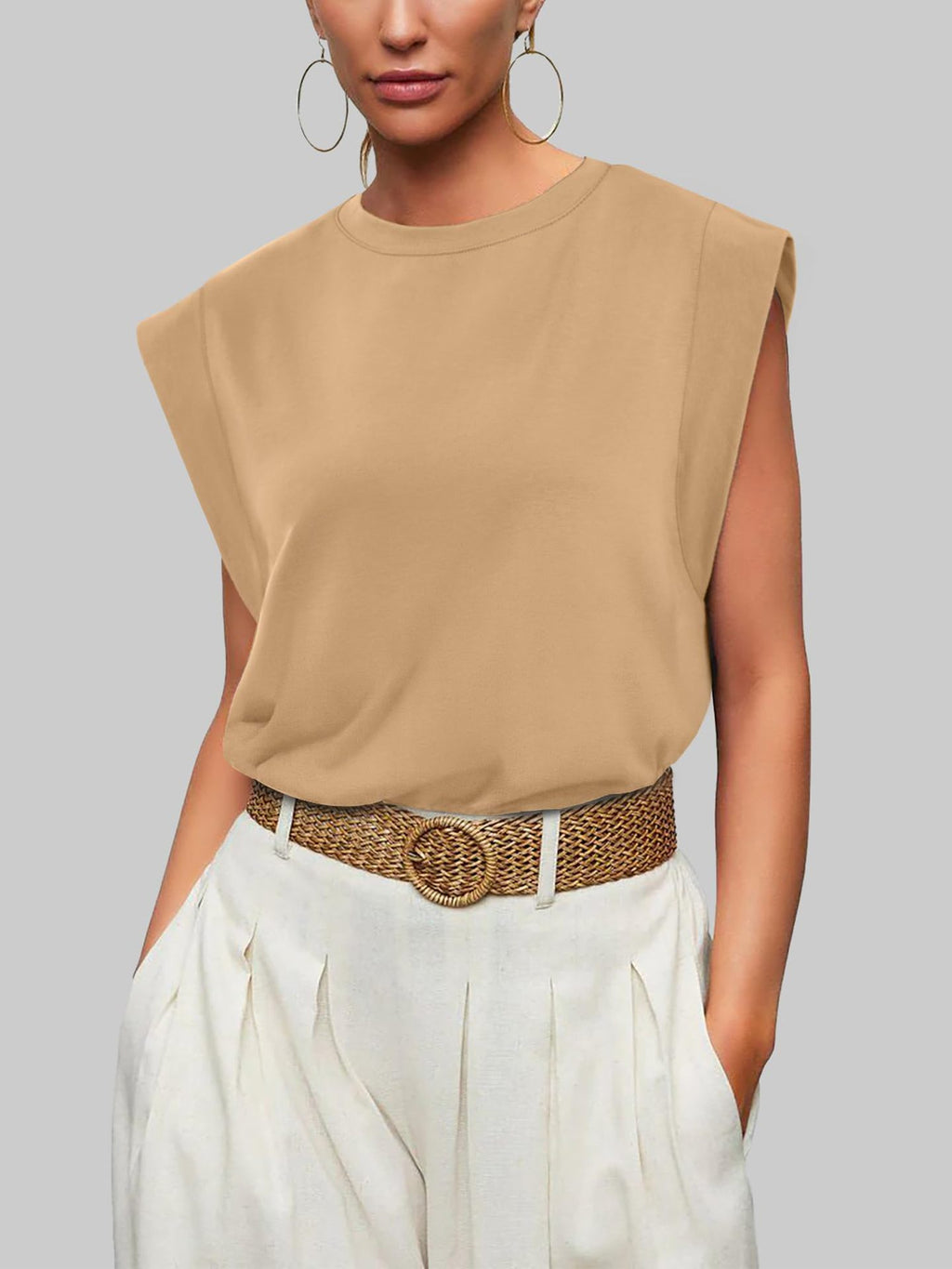 Cap Sleeve Round Neck Knit Tank Top - Beige - 3