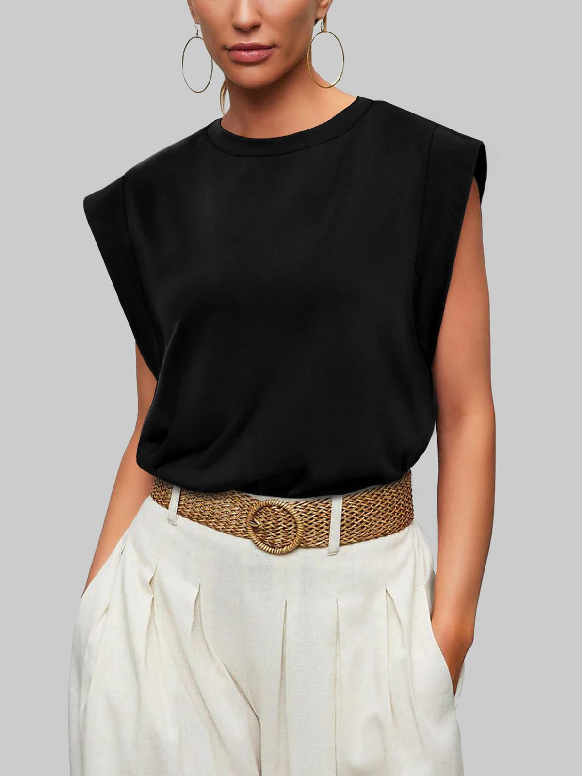 Cap Sleeve Round Neck Knit Tank Top - Black - 5
