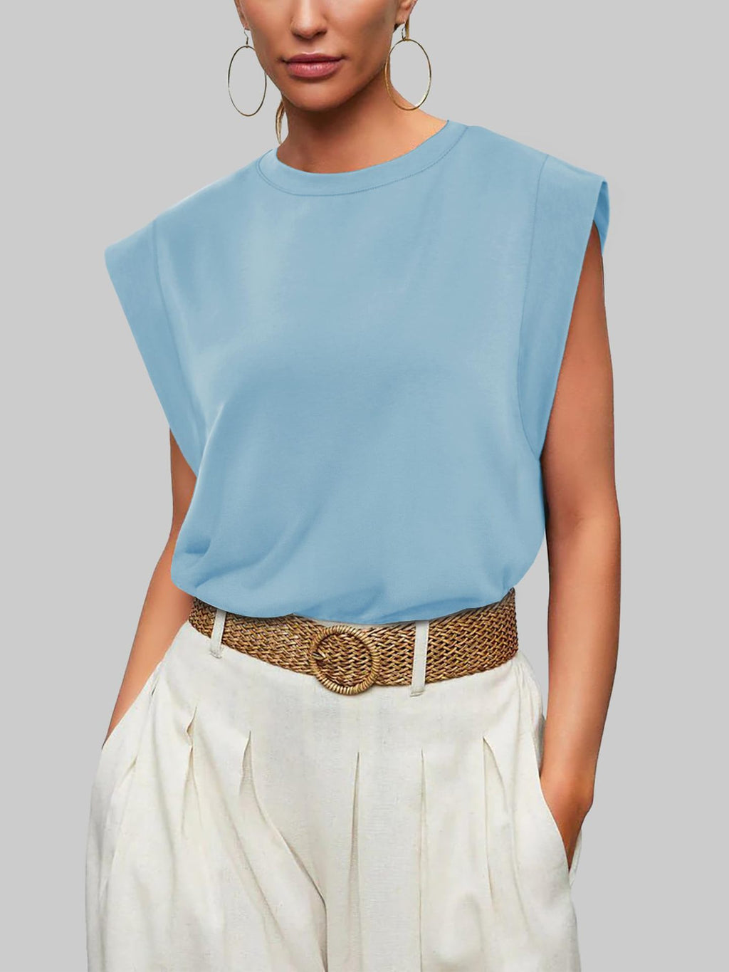 Cap Sleeve Round Neck Knit Tank Top - Blue - 1