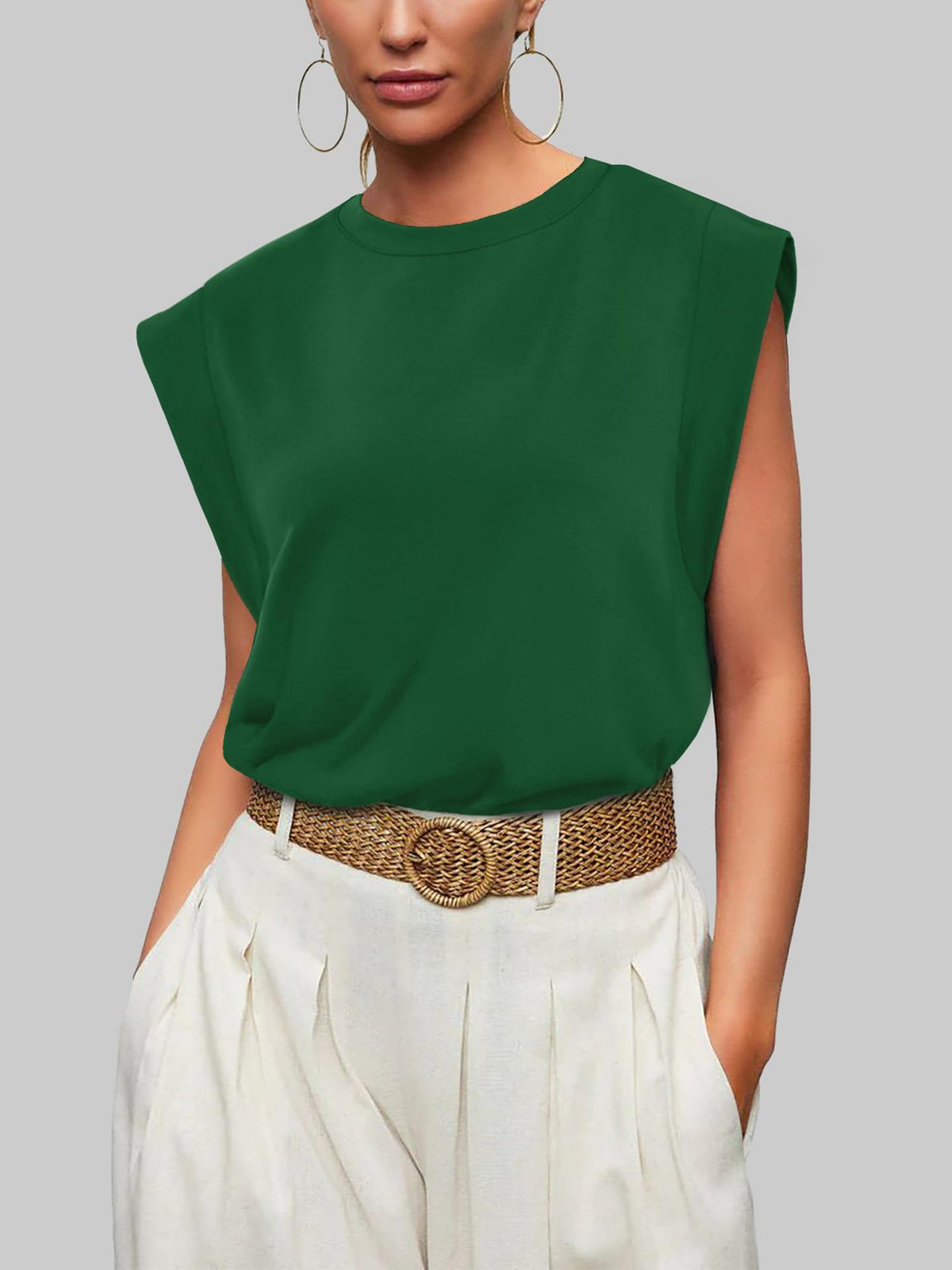 Cap Sleeve Round Neck Knit Tank Top - Green - 1