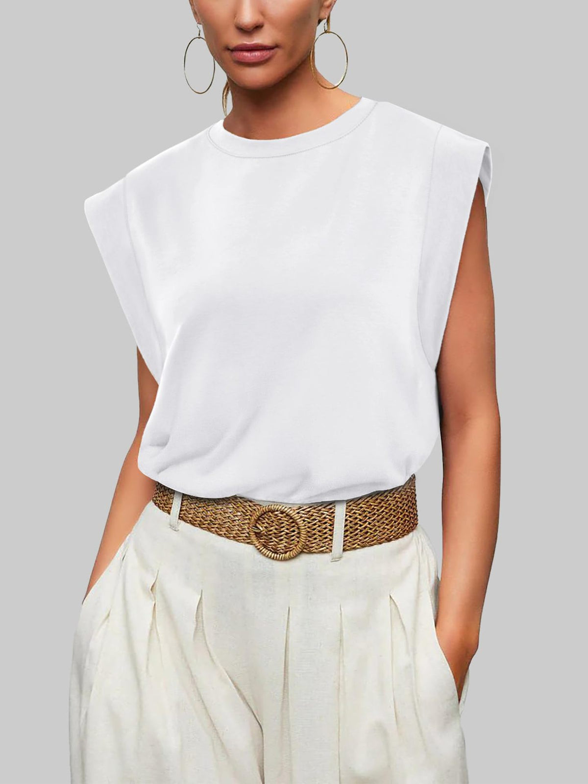 Cap Sleeve Round Neck Knit Tank Top - White