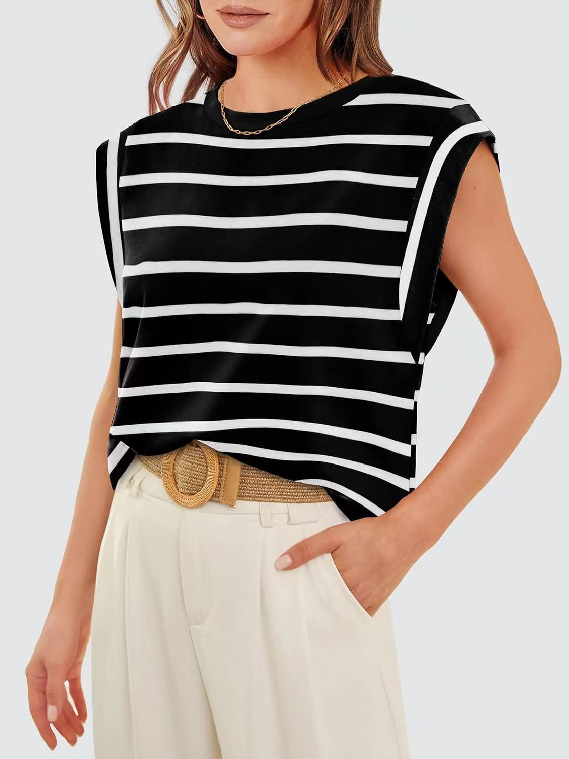 Cap Sleeve Round Neck Knit Tank Top - stripe-B