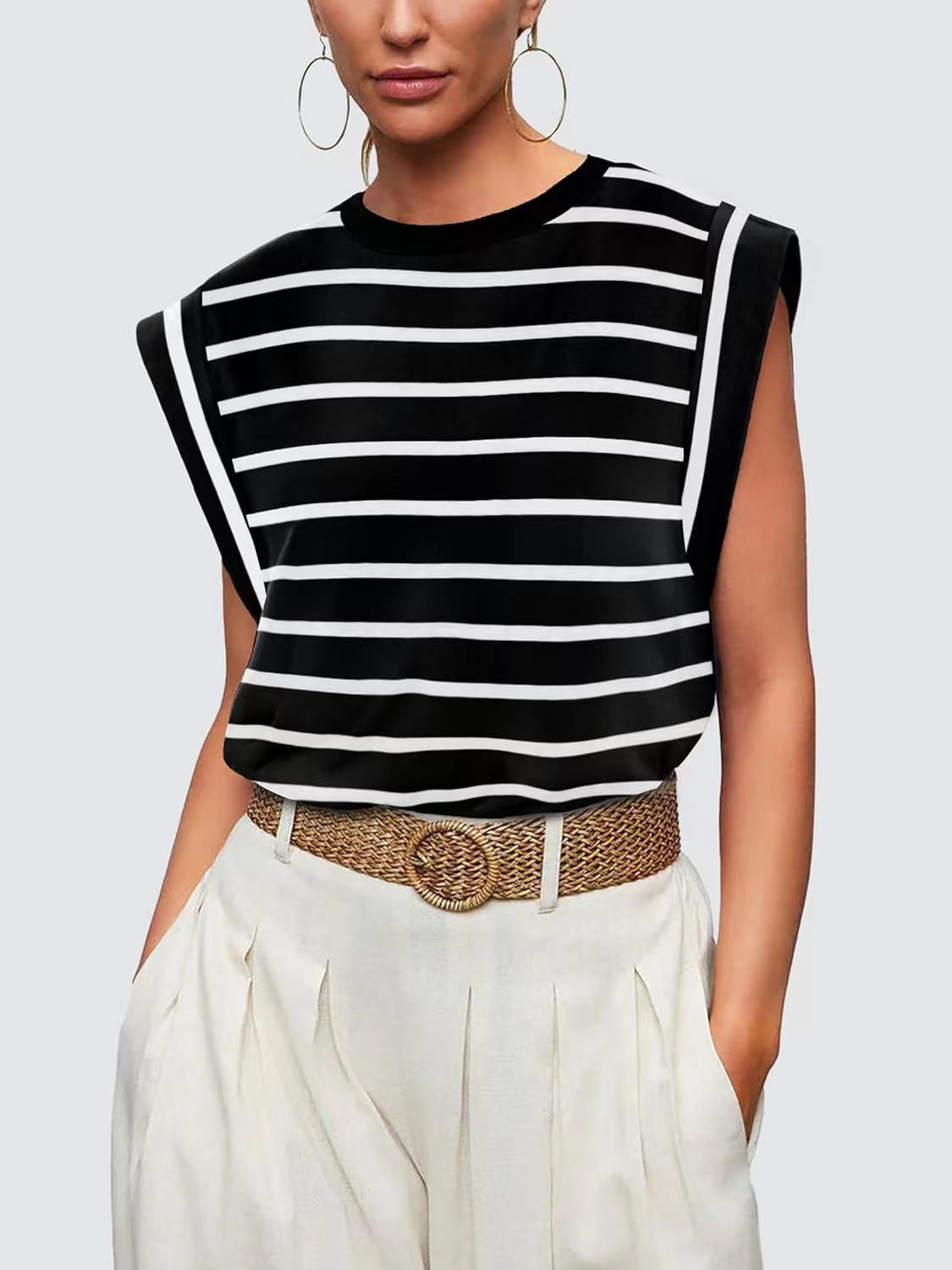 Cap Sleeve Round Neck Knit Tank Top - stripe-B - 1