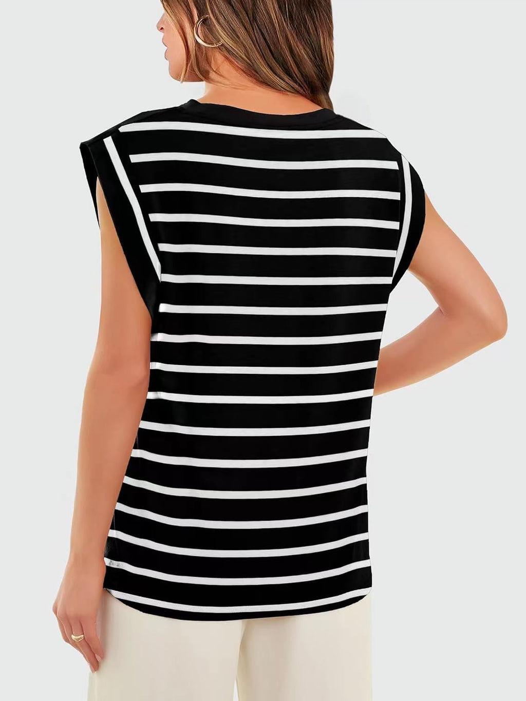 Cap Sleeve Round Neck Knit Tank Top - stripe-B - 2