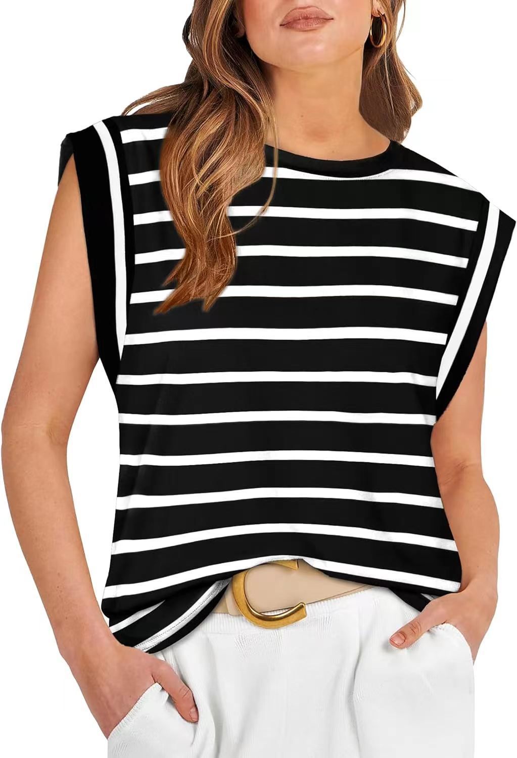 Cap Sleeve Round Neck Knit Tank Top - stripe-B - 3