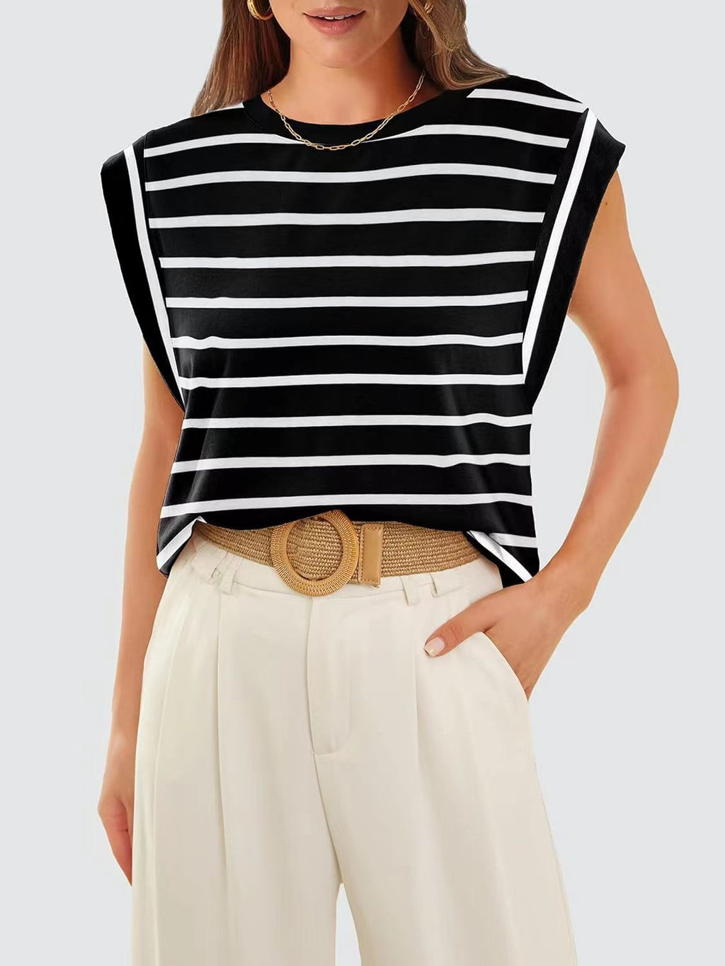 Cap Sleeve Round Neck Knit Tank Top - stripe-B - 4