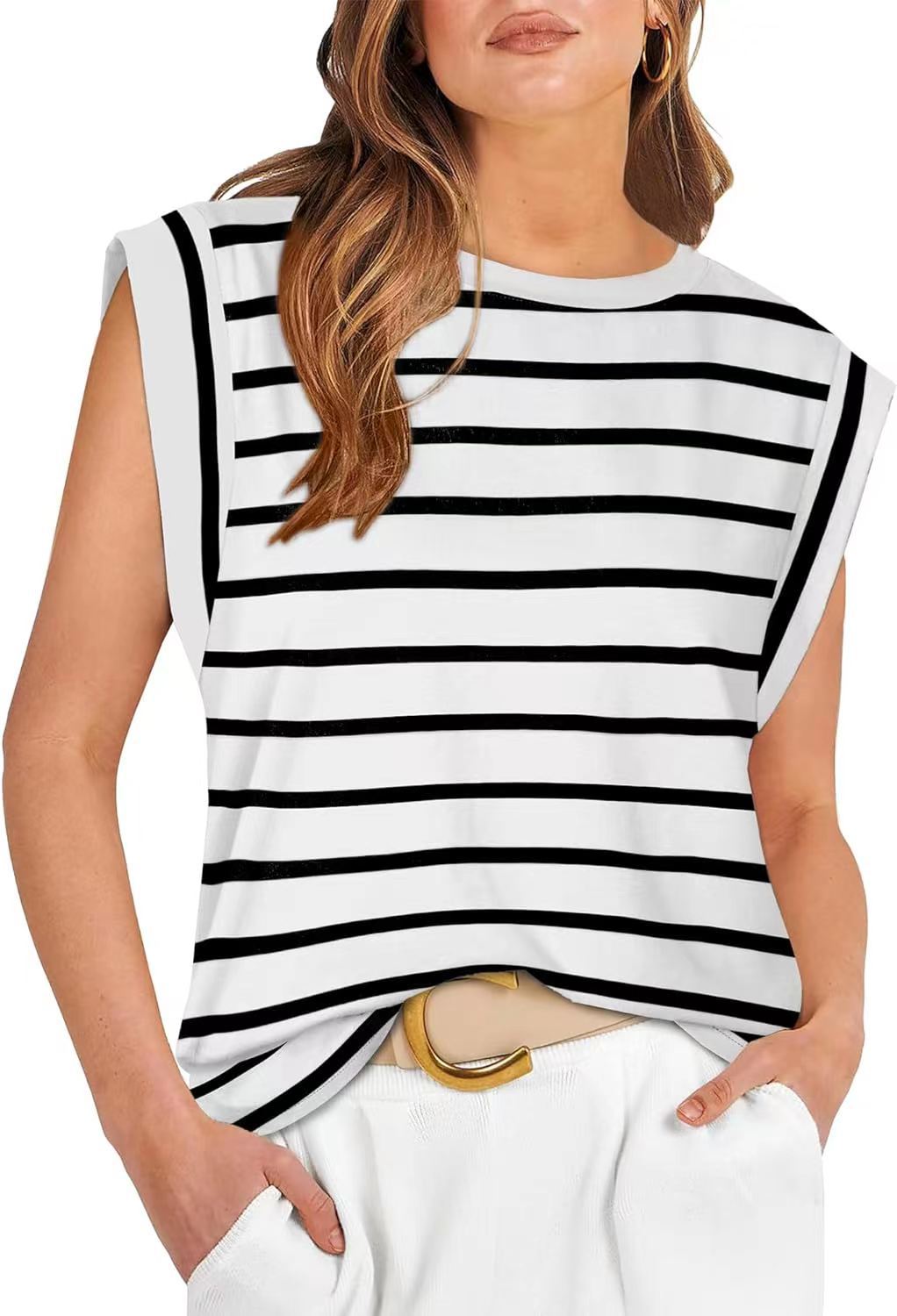 Cap Sleeve Round Neck Knit Tank Top - stripe-W