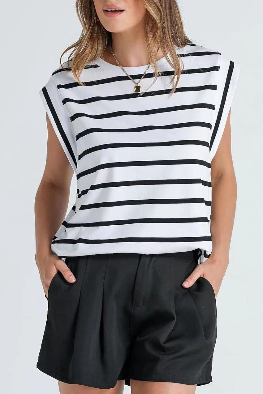 Cap Sleeve Round Neck Knit Tank Top - stripe-W - 1