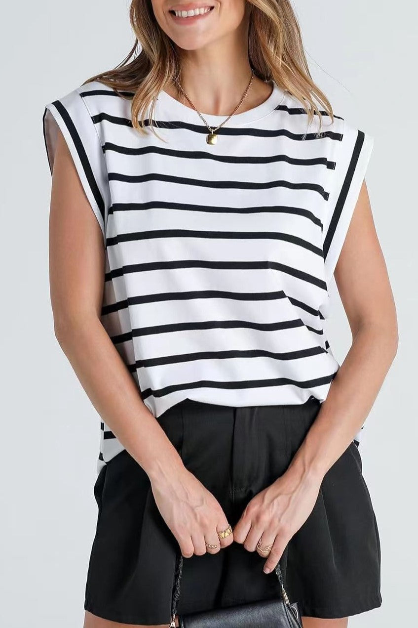 Cap Sleeve Round Neck Knit Tank Top - stripe-W - 2