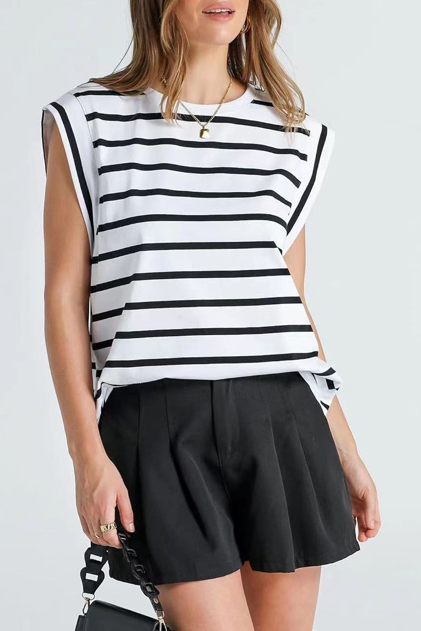 Cap Sleeve Round Neck Knit Tank Top - stripe-W - 4
