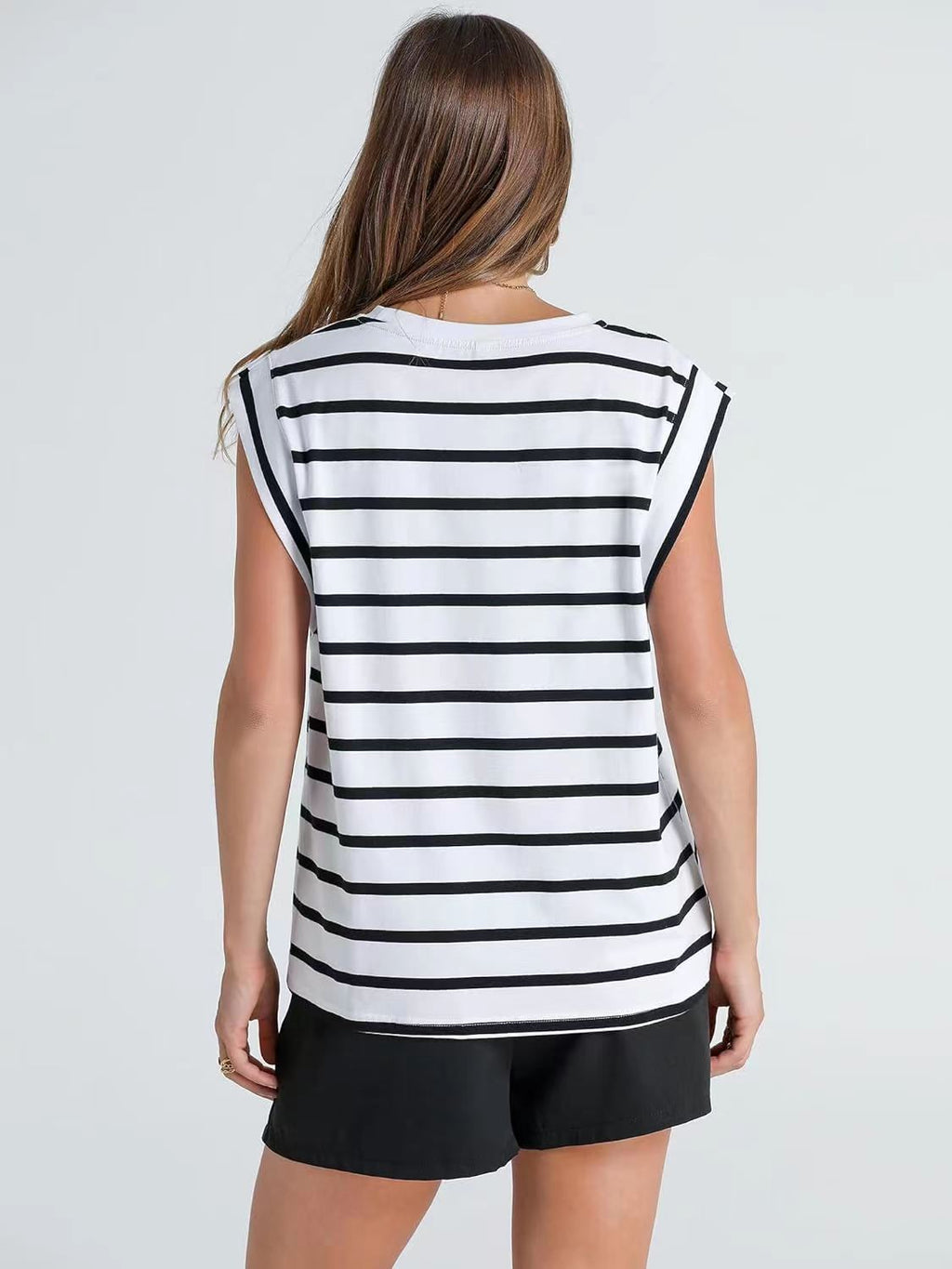 Cap Sleeve Round Neck Knit Tank Top - stripe-W - 5