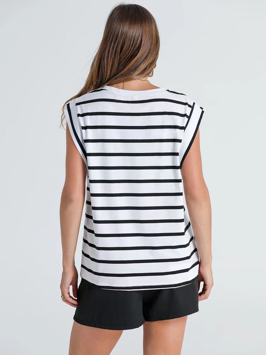 Cap Sleeve Round Neck Knit Tank Top - stripe-W - 5