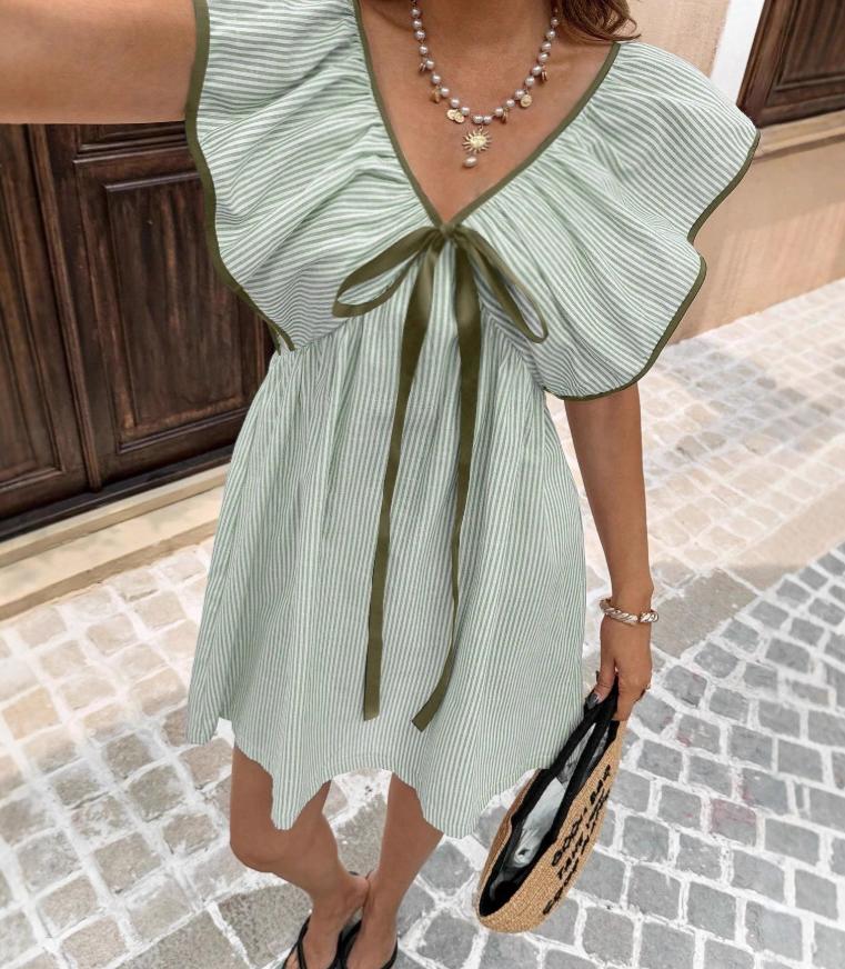 Striped Ruffle Sleeve Bow Front Mini Dress - Green