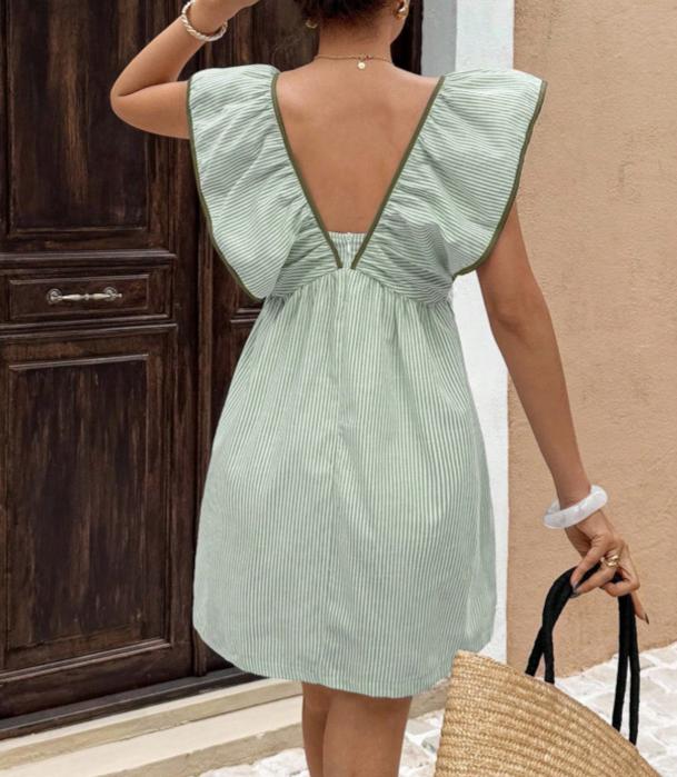 Striped Ruffle Sleeve Bow Front Mini Dress - Green - 3
