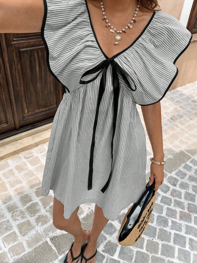 Striped Ruffle Sleeve Bow Front Mini Dress - Grey