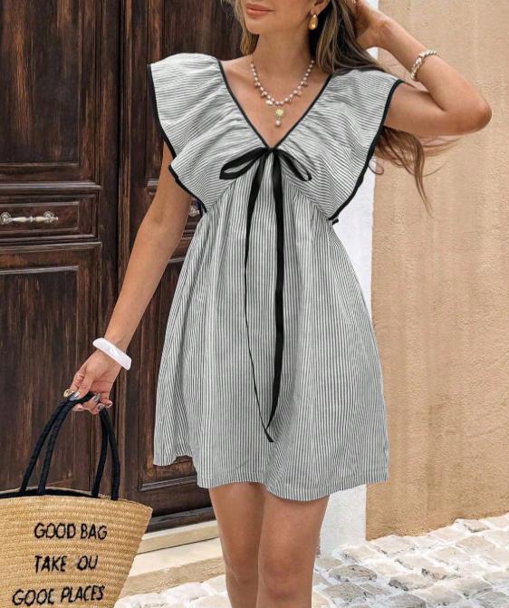 Striped Ruffle Sleeve Bow Front Mini Dress - Grey - 1