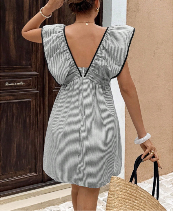 Striped Ruffle Sleeve Bow Front Mini Dress - Grey - 2