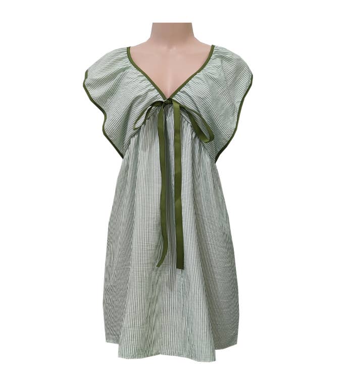 Striped Ruffle Sleeve Bow Front Mini Dress