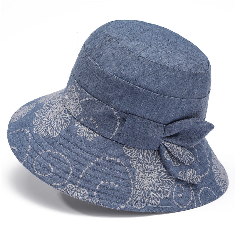 Floral Embroidered Bow Bucket Hat - Blue