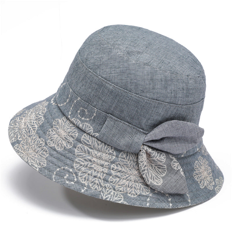 Floral Embroidered Bow Bucket Hat - Gray