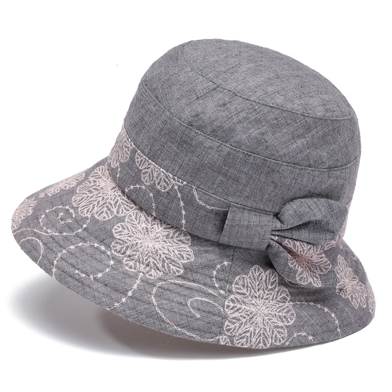 Floral Embroidered Bow Bucket Hat - Purple