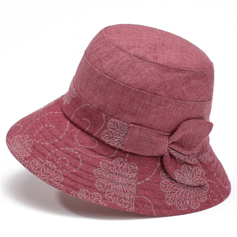 Floral Embroidered Bow Bucket Hat - Red