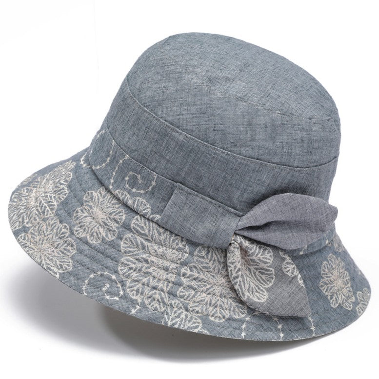 Floral Embroidered Bow Bucket Hat
