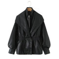 Faux Leather Shawl Collar Cinched Waist Jacket - Black