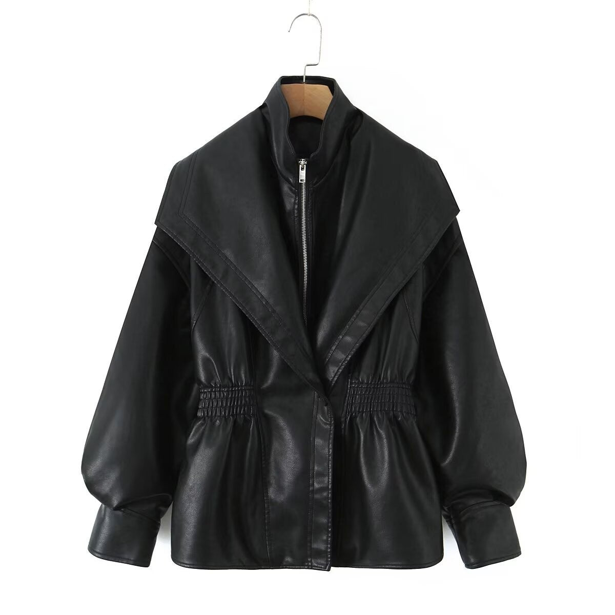 Faux Leather Shawl Collar Cinched Waist Jacket - Black