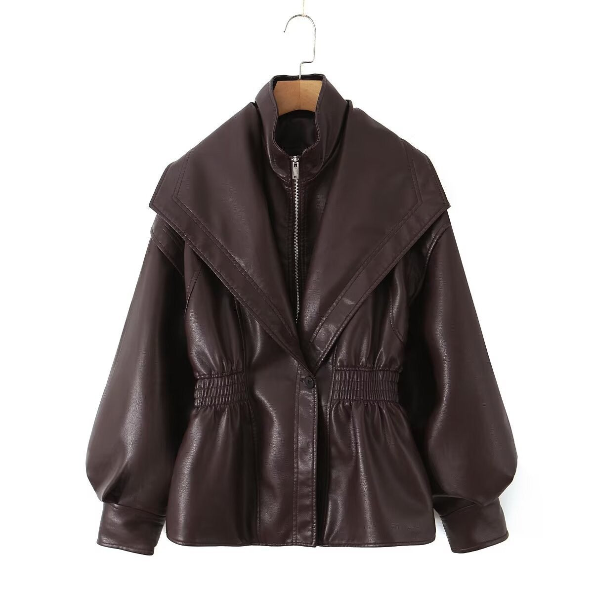 Faux Leather Shawl Collar Cinched Waist Jacket - Dark Brown