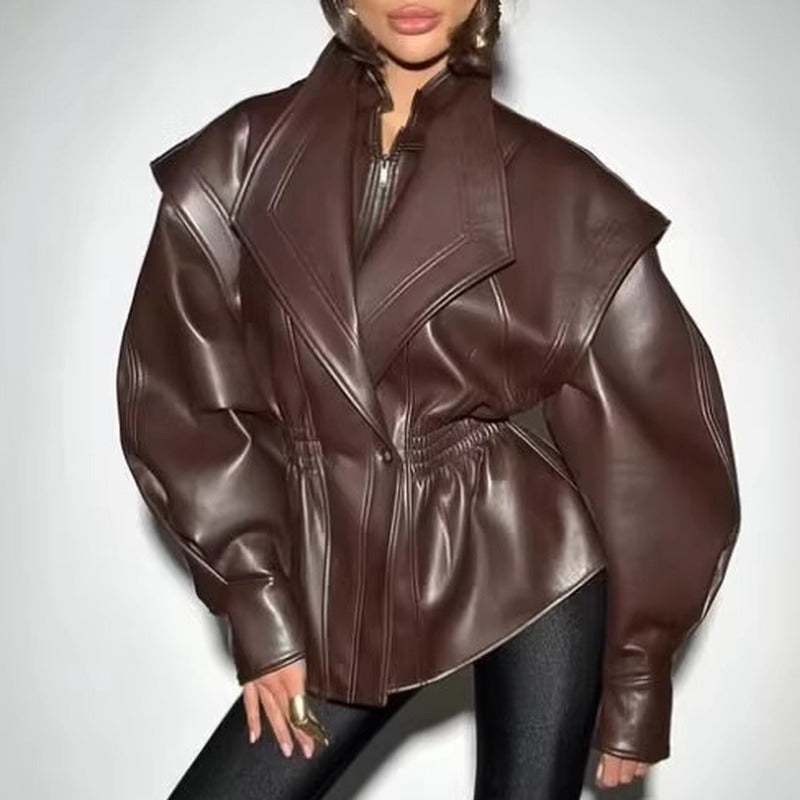 Faux Leather Shawl Collar Cinched Waist Jacket