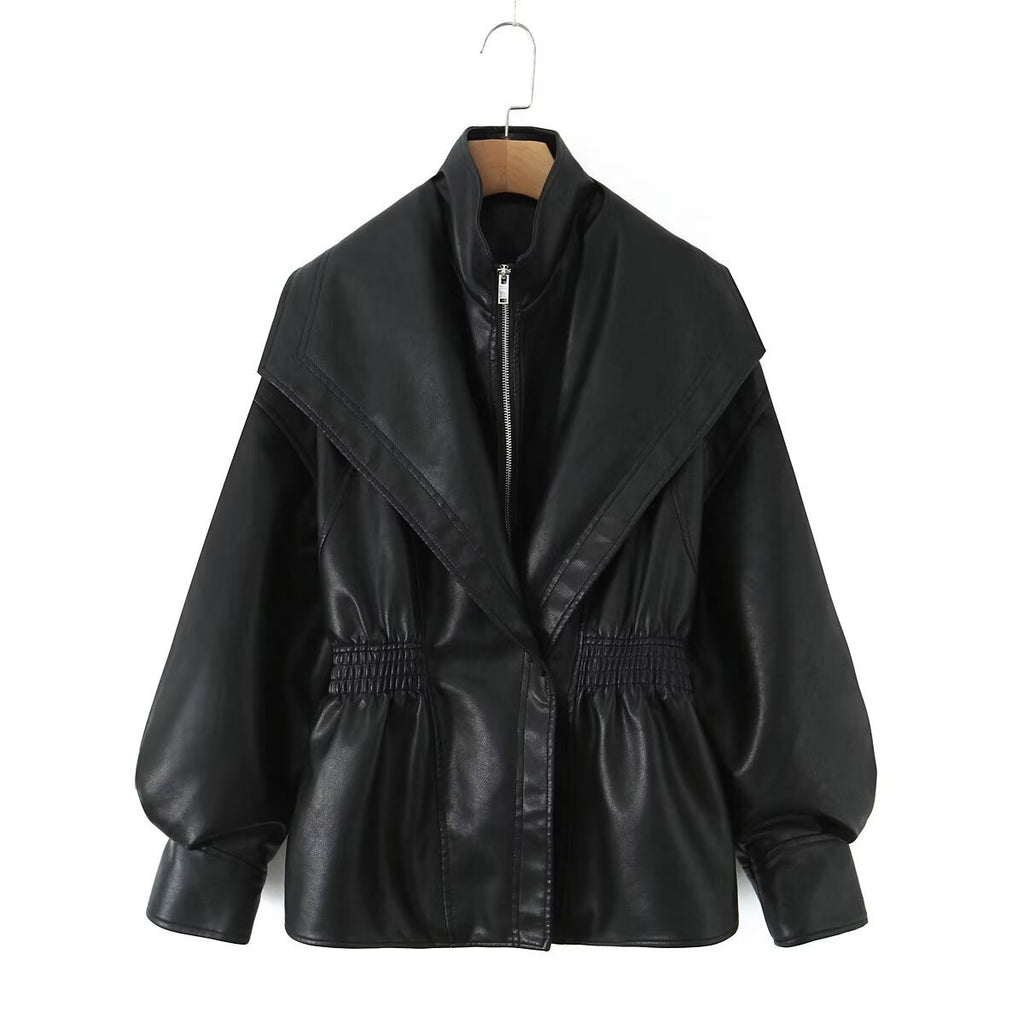 Faux Leather Shawl Collar Cinched Waist Jacket
