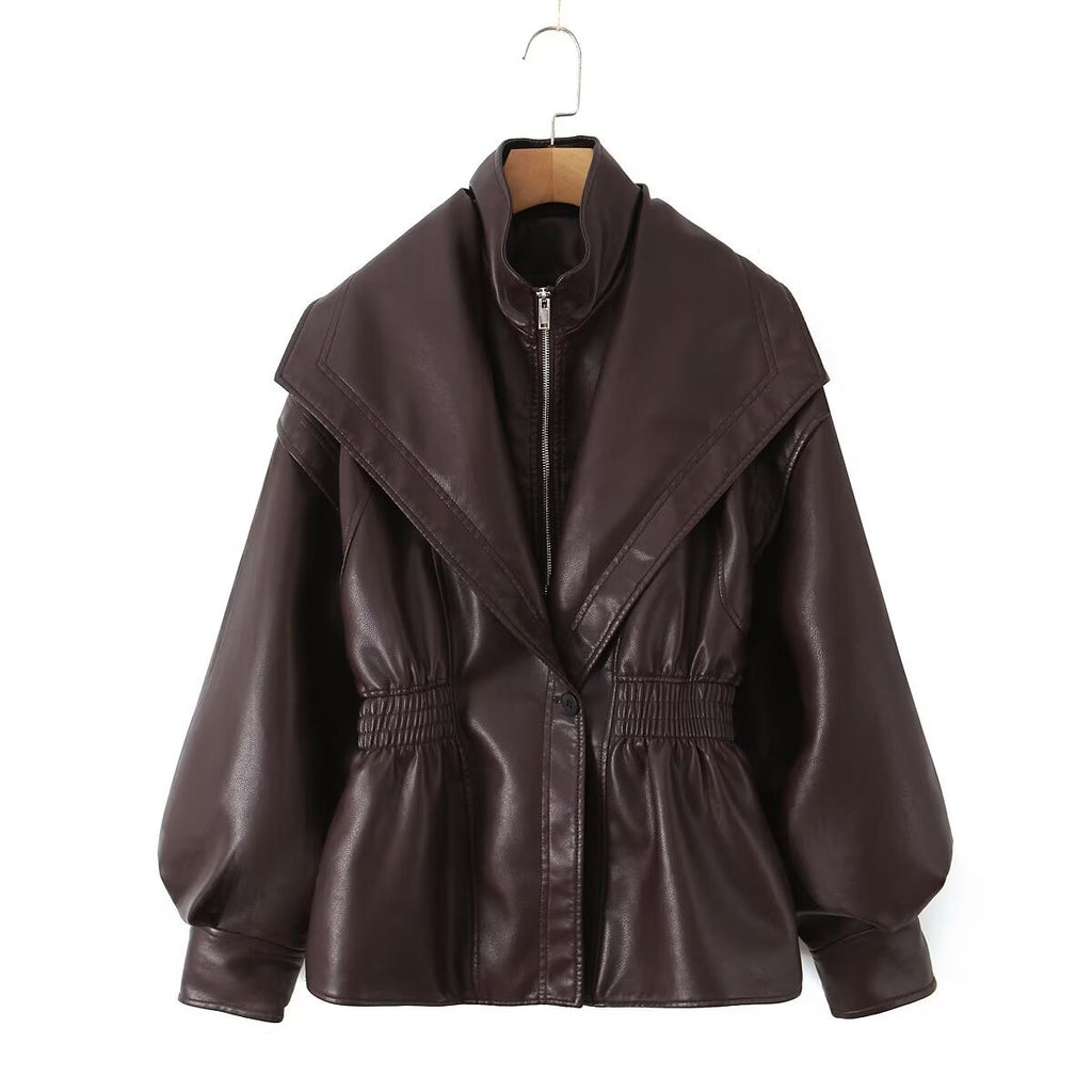 Faux Leather Shawl Collar Cinched Waist Jacket