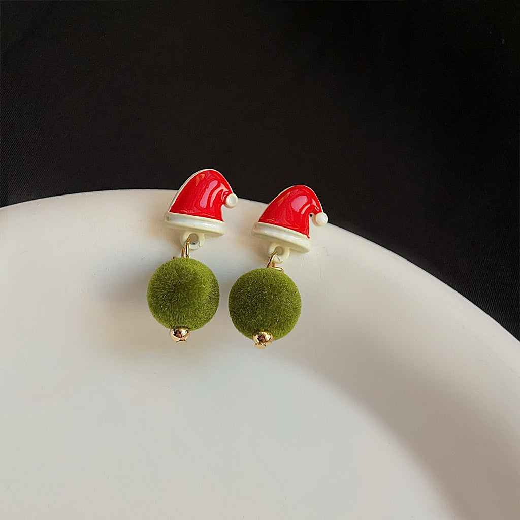 Santa Hat And Fuzzy Ball Earrings - Red - 1