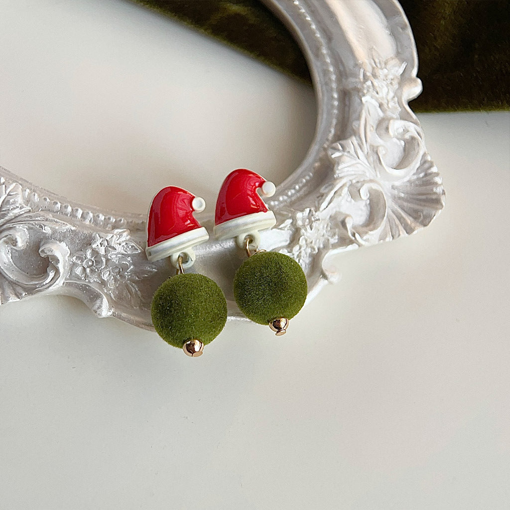 Santa Hat And Fuzzy Ball Earrings - Red - 2