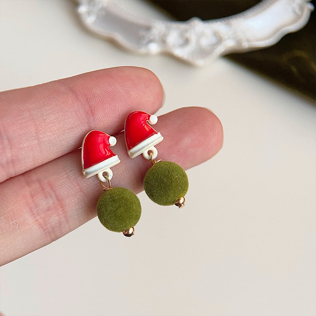 Santa Hat And Fuzzy Ball Earrings - Red - 3