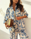 Toile Floral Print Shirt And Wide Leg Pants Set - Blue