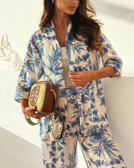 Toile Floral Print Shirt And Wide Leg Pants Set - Blue