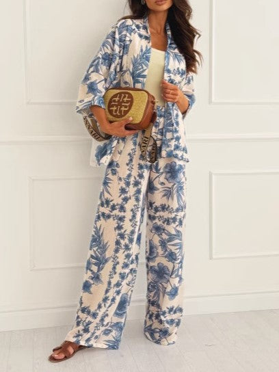 Toile Floral Print Shirt And Wide Leg Pants Set - Blue - 1