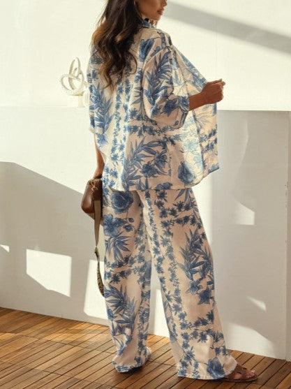 Toile Floral Print Shirt And Wide Leg Pants Set - Blue - 3
