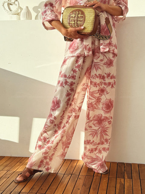 Toile Floral Print Shirt And Wide Leg Pants Set - Red - 2