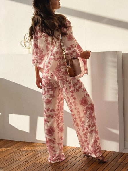 Toile Floral Print Shirt And Wide Leg Pants Set - Red - 3