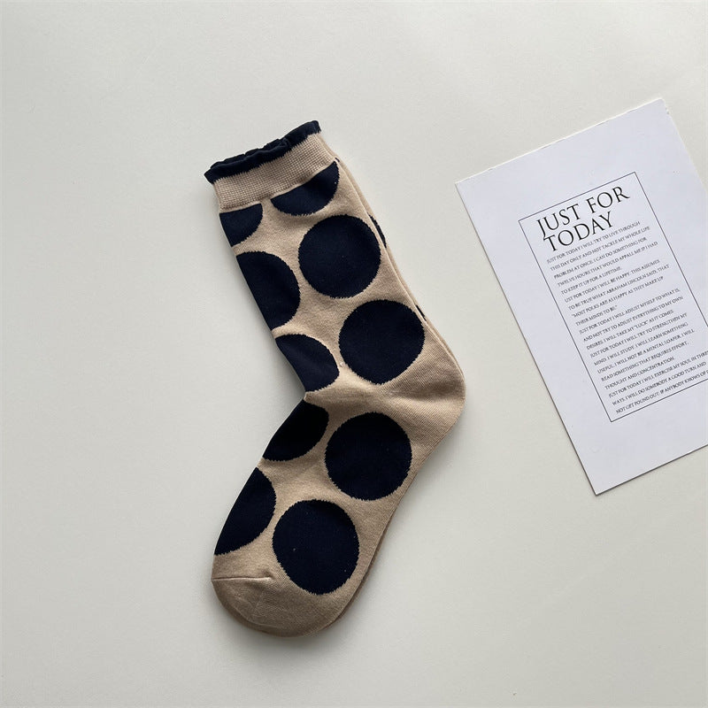 Sheer Retro Polka Dot Crew Socks - Khaki - 1