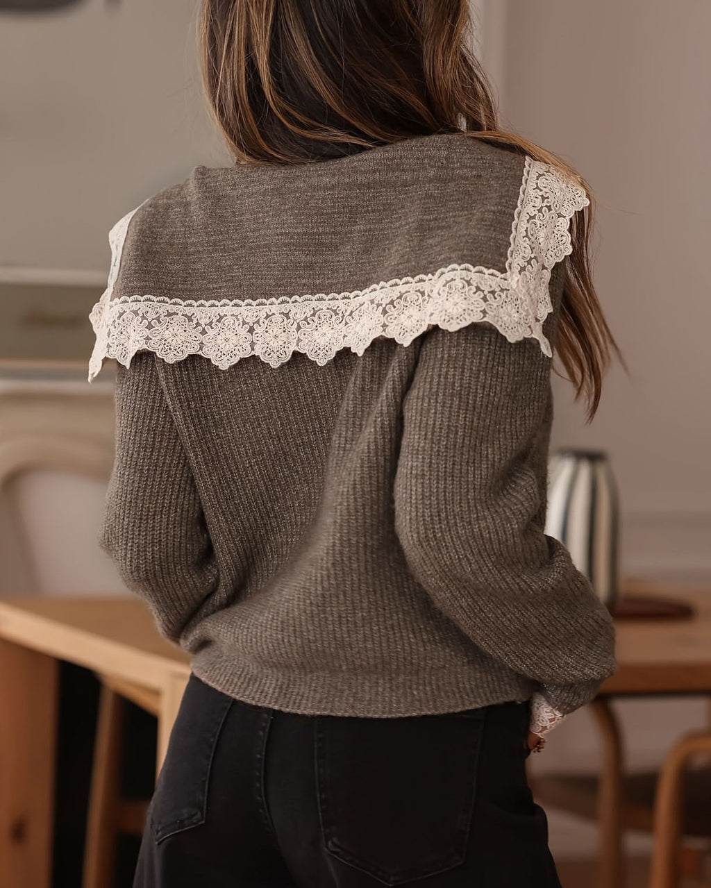 Lace Trim Button Front Ribbed Cardigan - Khaki - 4