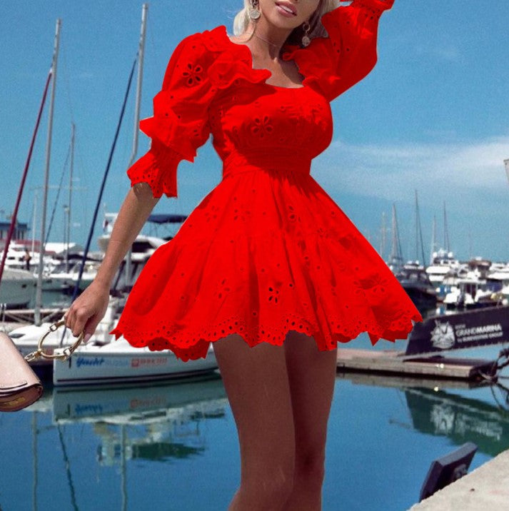 Eyelet Embroidery Puff Sleeve Mini Dress - Red